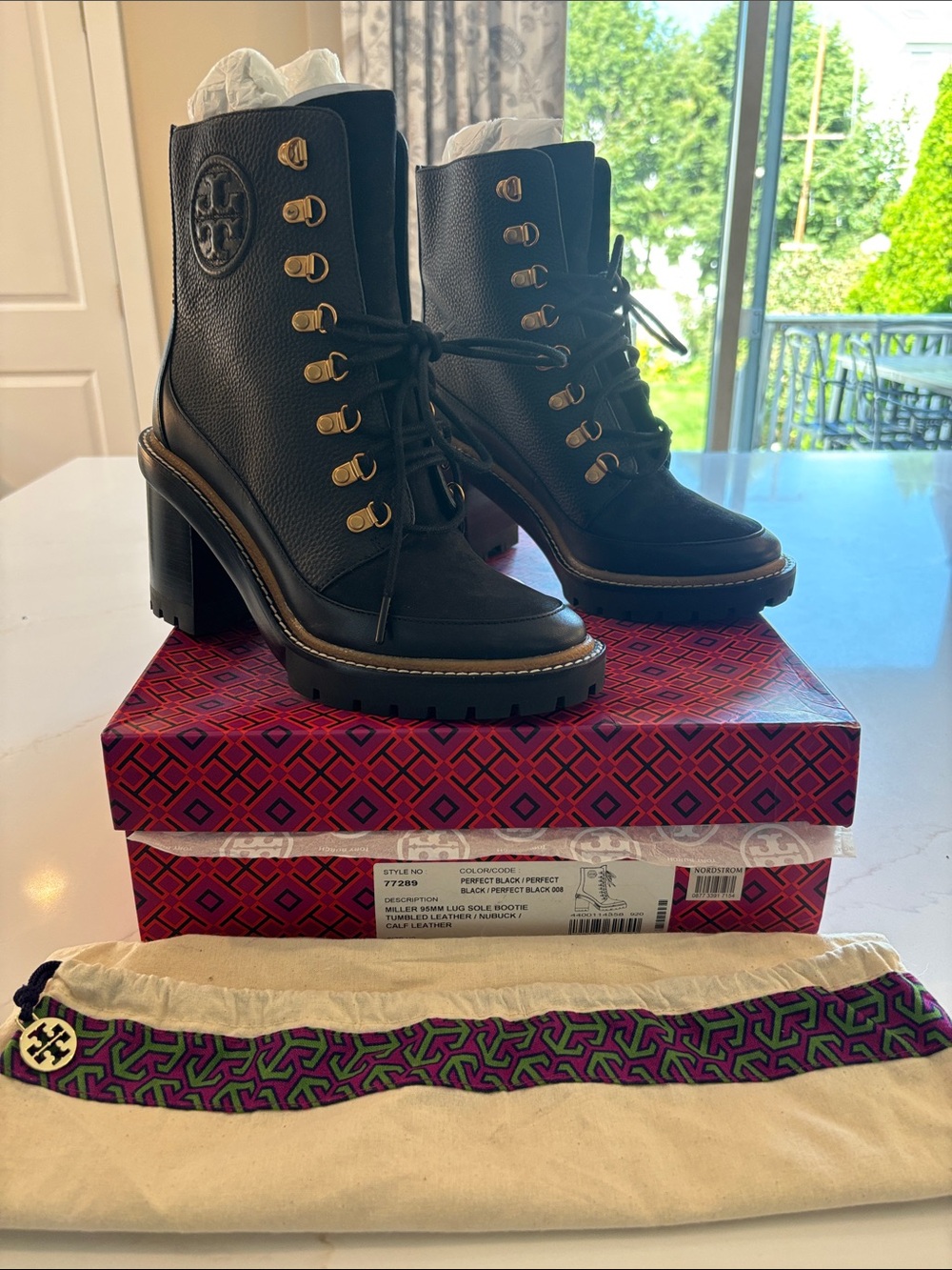 Tory Burch Black Leather Lace-Up Lug Heel Ankle Boots with Gold Hardware